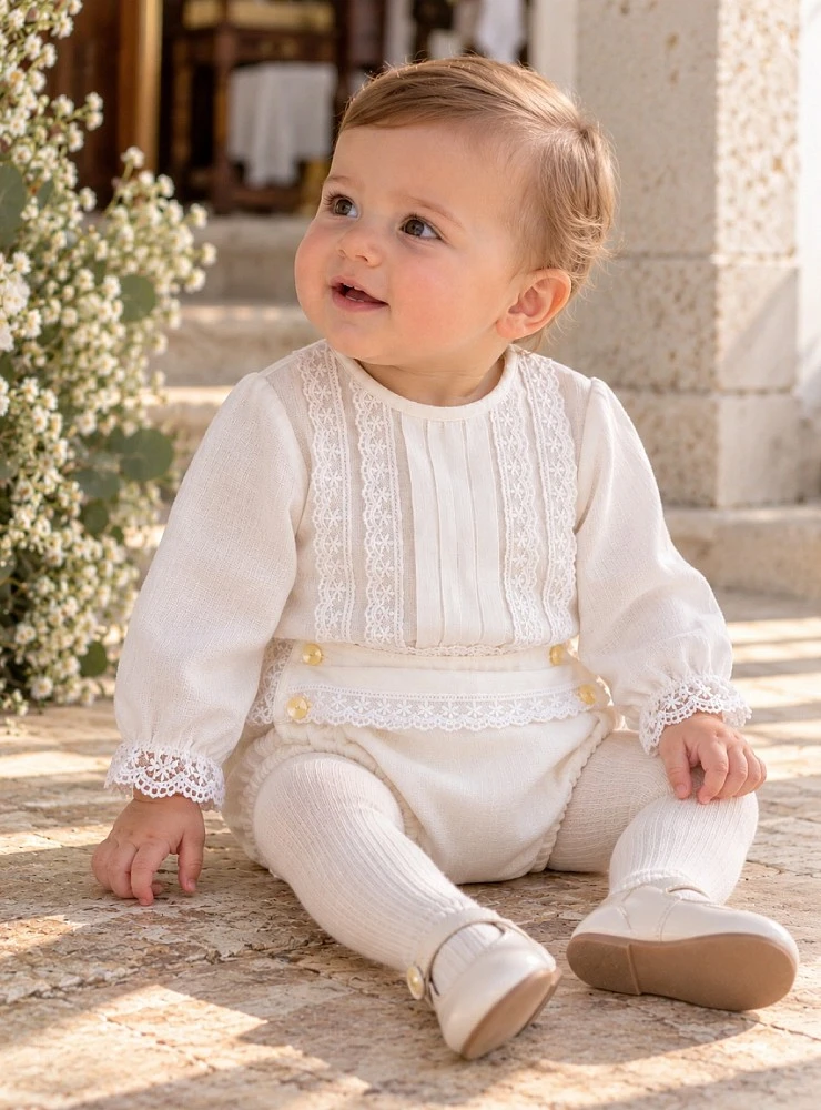 Conjunto Bautizo Bebé Organza Crudo Perla Manga Larga