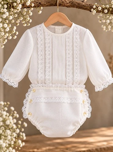 Conjunto Bautizo Bebé Organza Crudo Perla Manga Larga