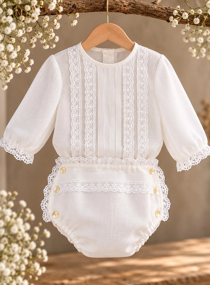 Conjunto Bautizo Bebé Organza Crudo Perla Manga Larga