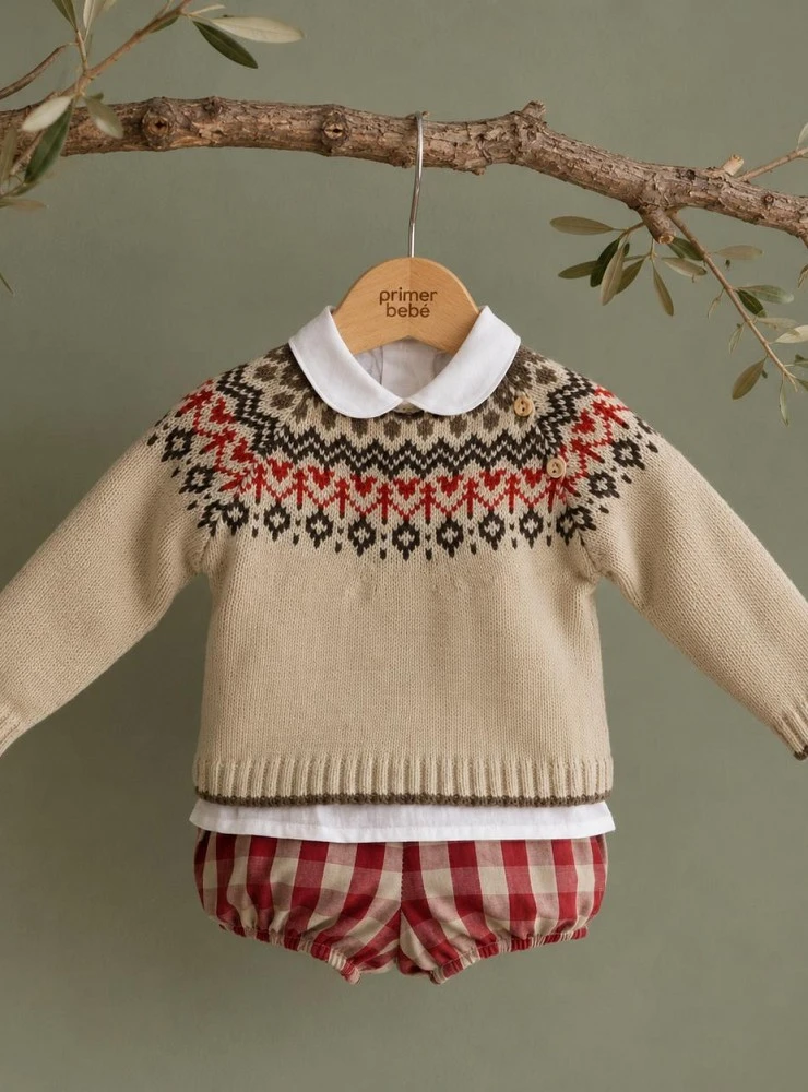 Conjunto bebé niño tres piezas jersey de punto, blusa y bombacho colección Guinda