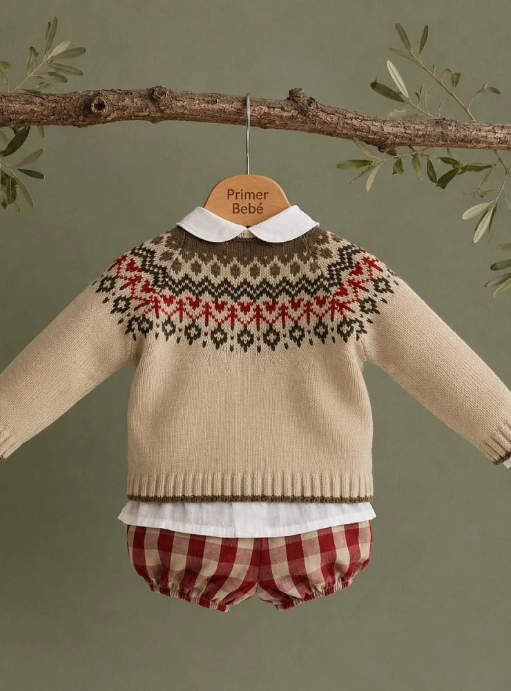 Conjunto bebé niño tres piezas jersey de punto, blusa y bombacho colección Guinda
