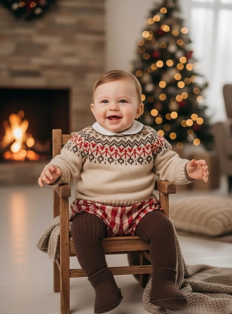 Conjunto bebé niño tres piezas jersey de punto, blusa y bombacho colección Guinda