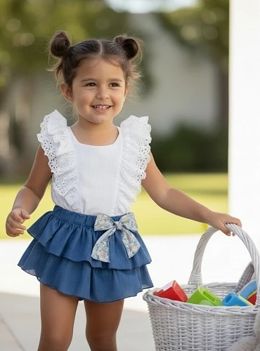 Conjunto blusa blanca bordada con falda pantalón Colección raspa