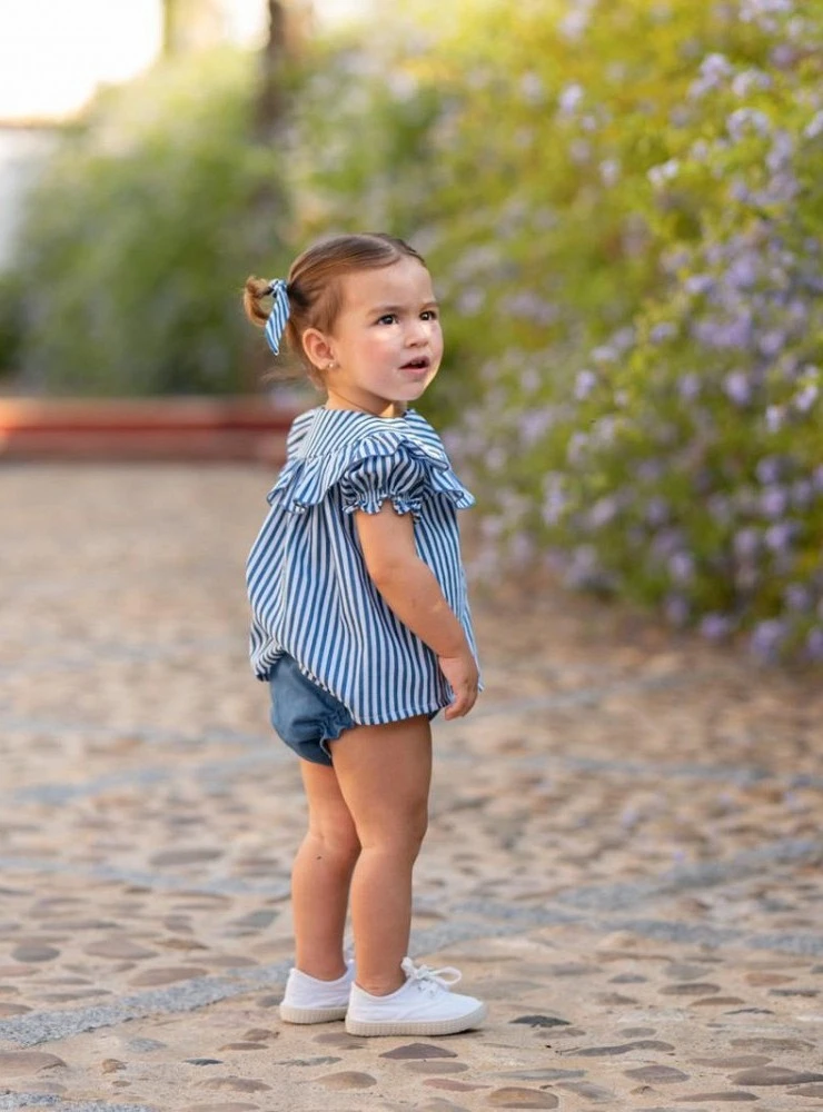 Conjunto blusa de niña y braguita rayas marino