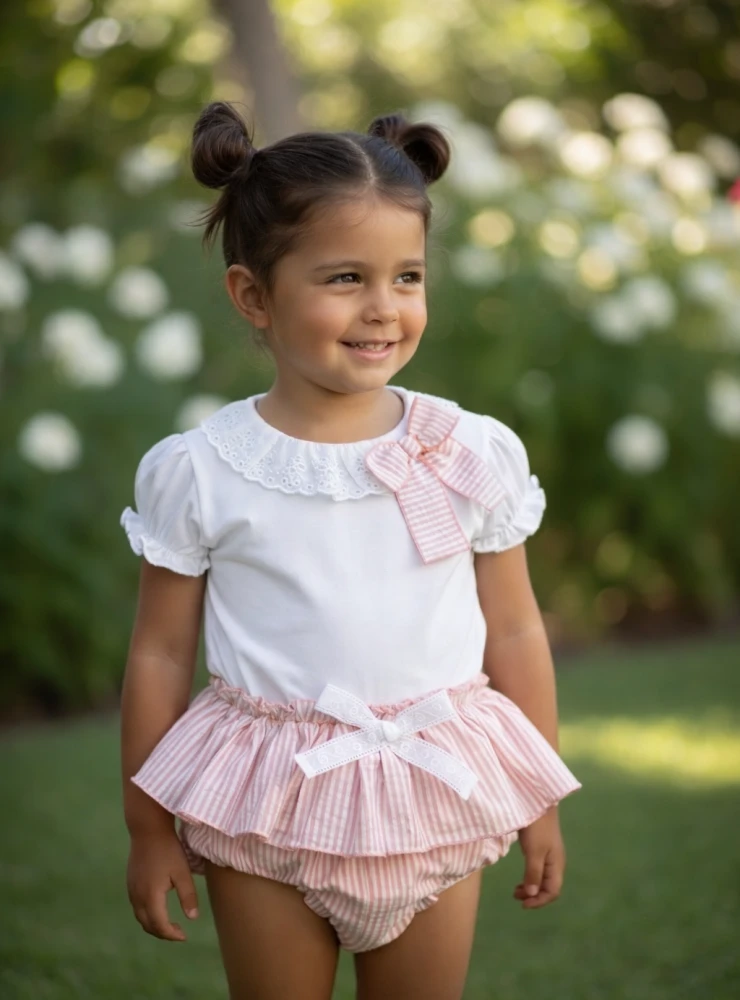 Conjunto Camiseta blanca y braguita de rayas rosa palo