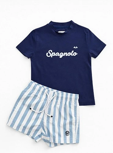 Conjunto camiseta marino y bañador de rayas