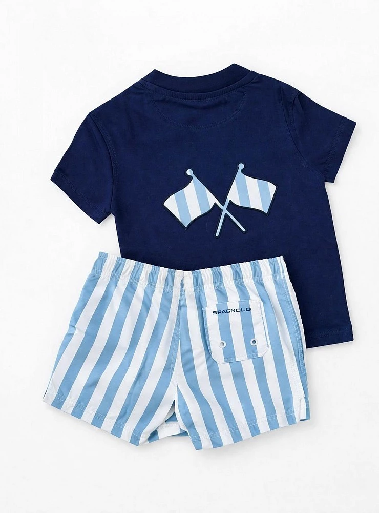 Conjunto camiseta marino y bañador de rayas