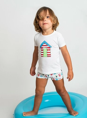 Conjunto de baño para niño. Camiseta y bóxer Casetas