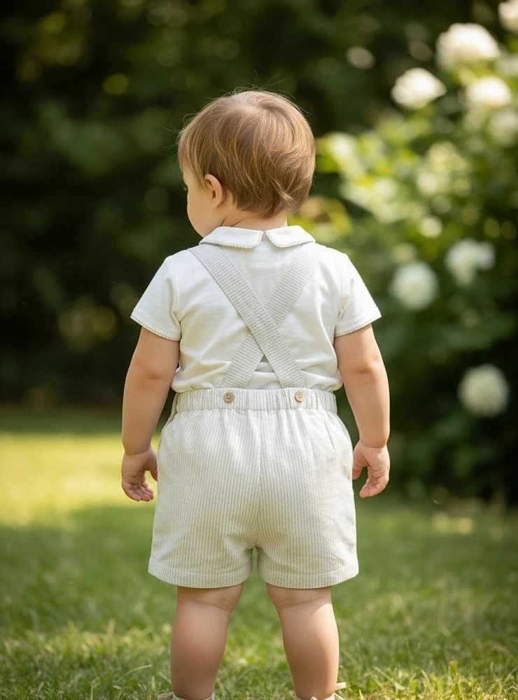 Conjunto de bautizo para niño con tirantes y camisa de lino | Entre Ramas