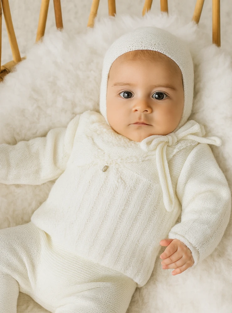 Conjunto de bautizo unisex de punto beige con capota para bebé