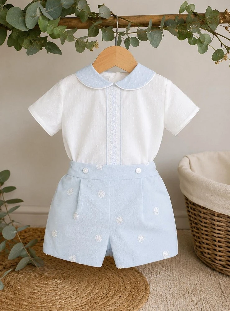 Conjunto de blusa y bombacho para bebé en beige y celeste