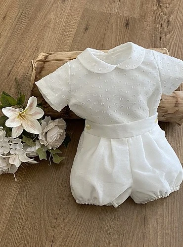 Conjunto de blusita y bombacho para bebé en muselina beige