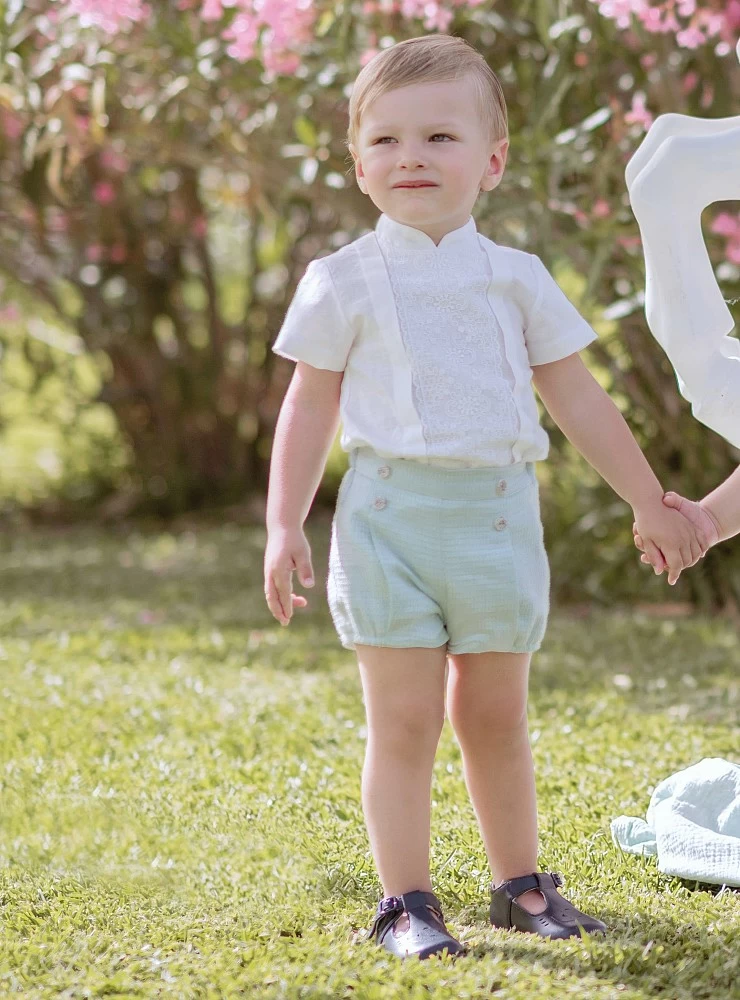 Conjunto de niño especial ceremonia. Verde agua y crudo