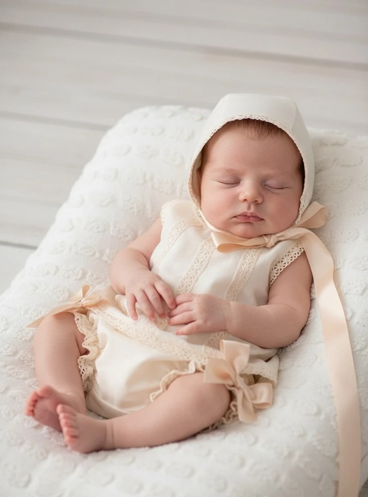 Conjunto de tres piezas para niña en lino beige. Colección Trigo