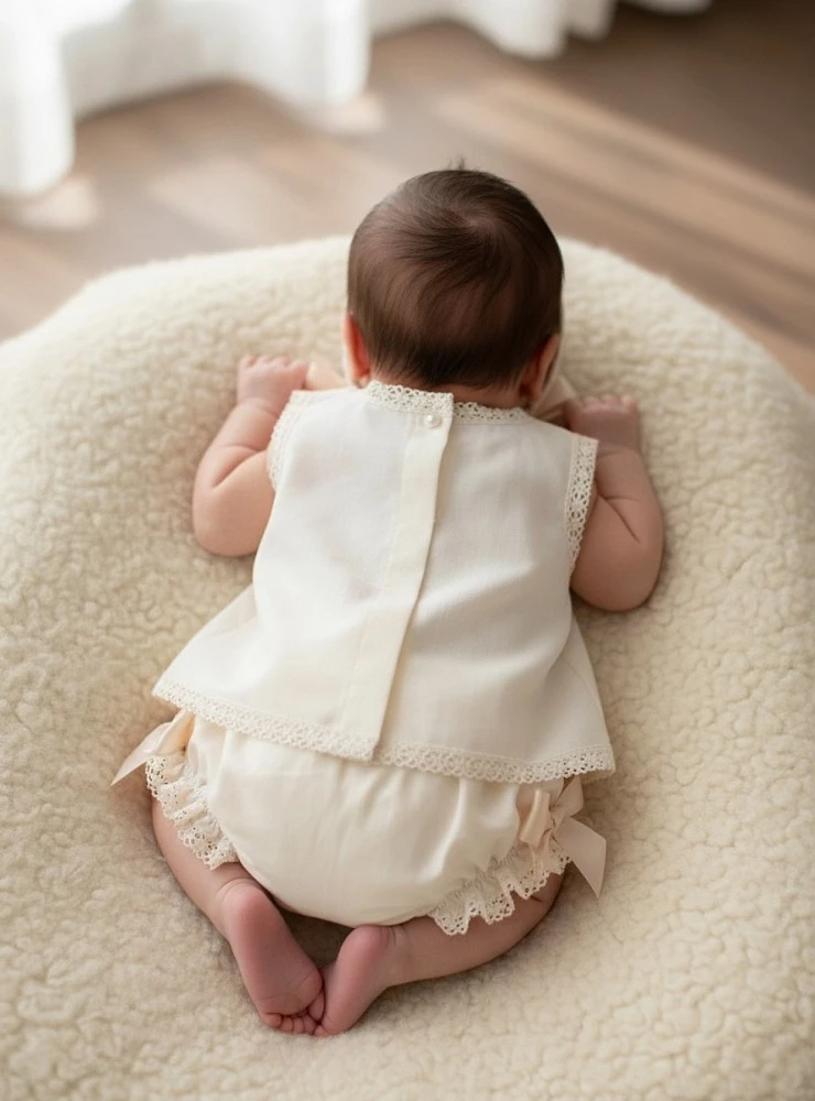 Conjunto de tres piezas para niña en lino beige. Colección Trigo