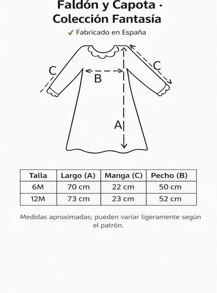 Conjunto de tres piezas unisex. Faldón con capota y braga colección Fantasía