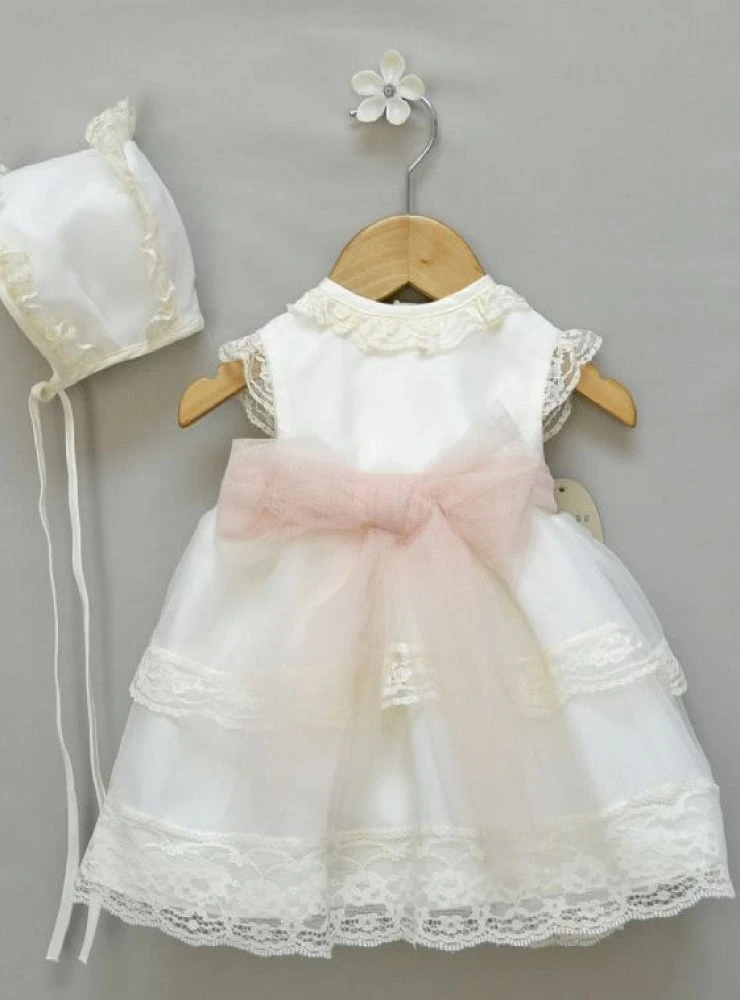 Conjunto de vestido y capota de bautizo para bebé en organza beige