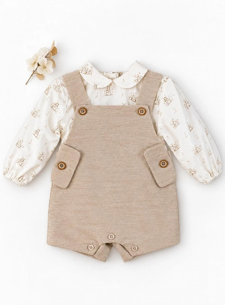 Conjunto Niño Peto Arena y Blusa de Viella con Conejitos