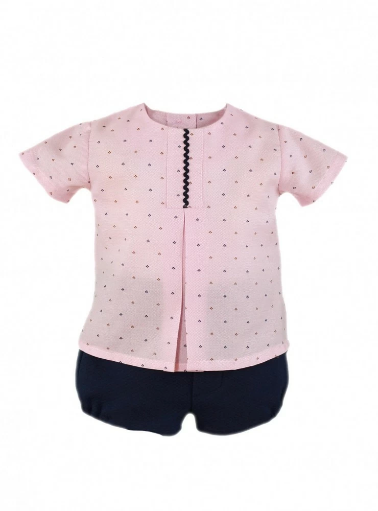 Conjunto niño. Blusa rosa y bombacho marino.