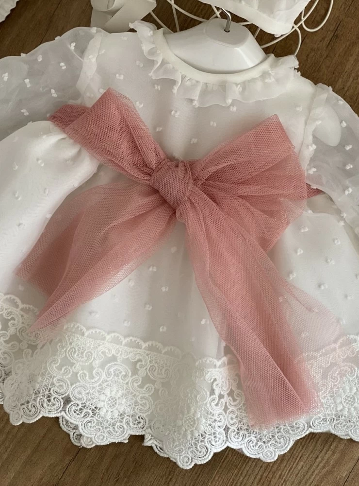 Encaje, Color Blanco Puro Bow Dream Vestido de Bautizo para bebé 