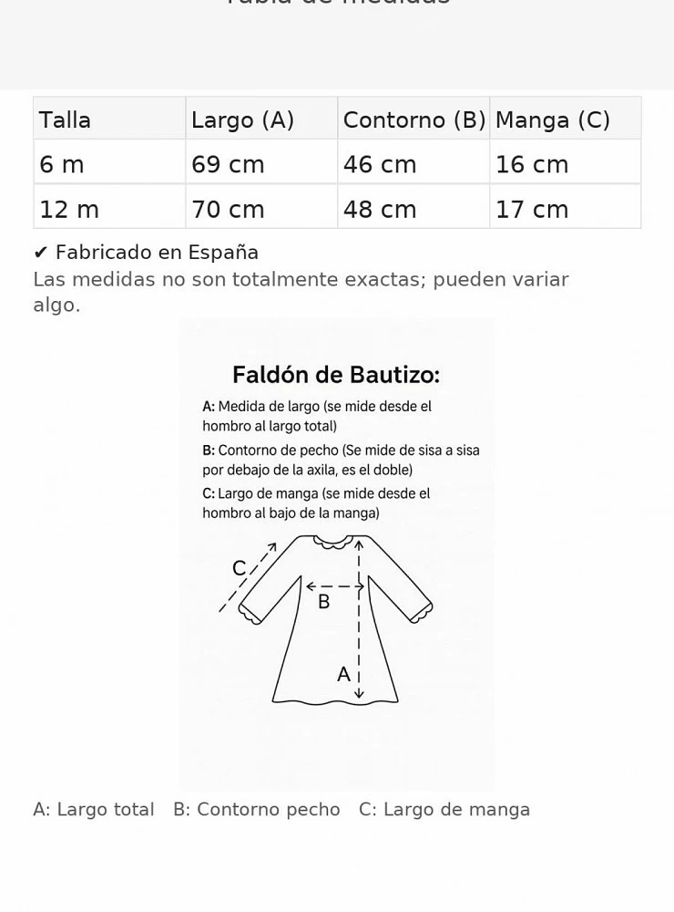 Conjunto para Bautizo Faldón con manga Francesa y capota. Unisex