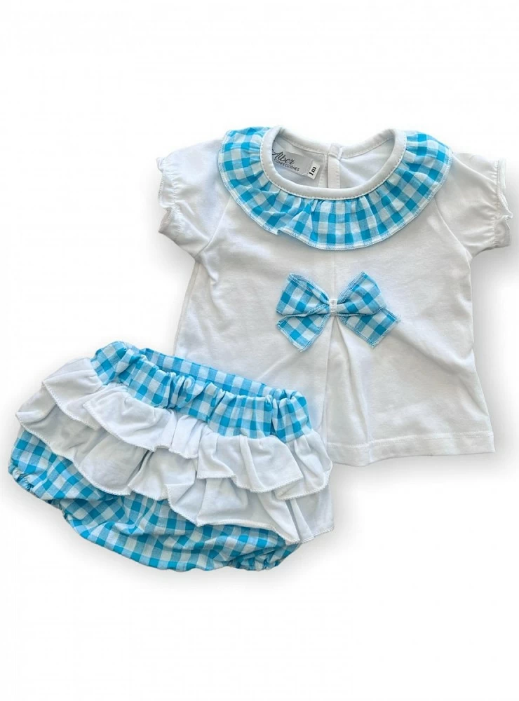 Conjunto para niña Camiseta blanca y braguita vichy turquesa