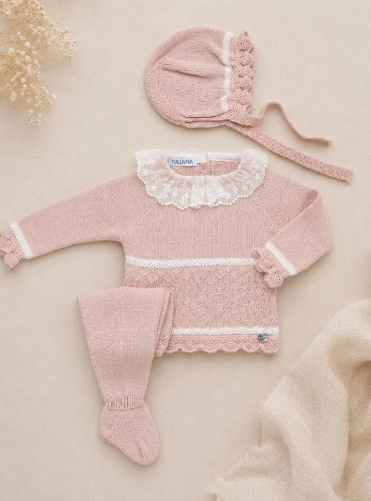 Conjunto para niña de punto con capota y polaina rosa palo para bebé