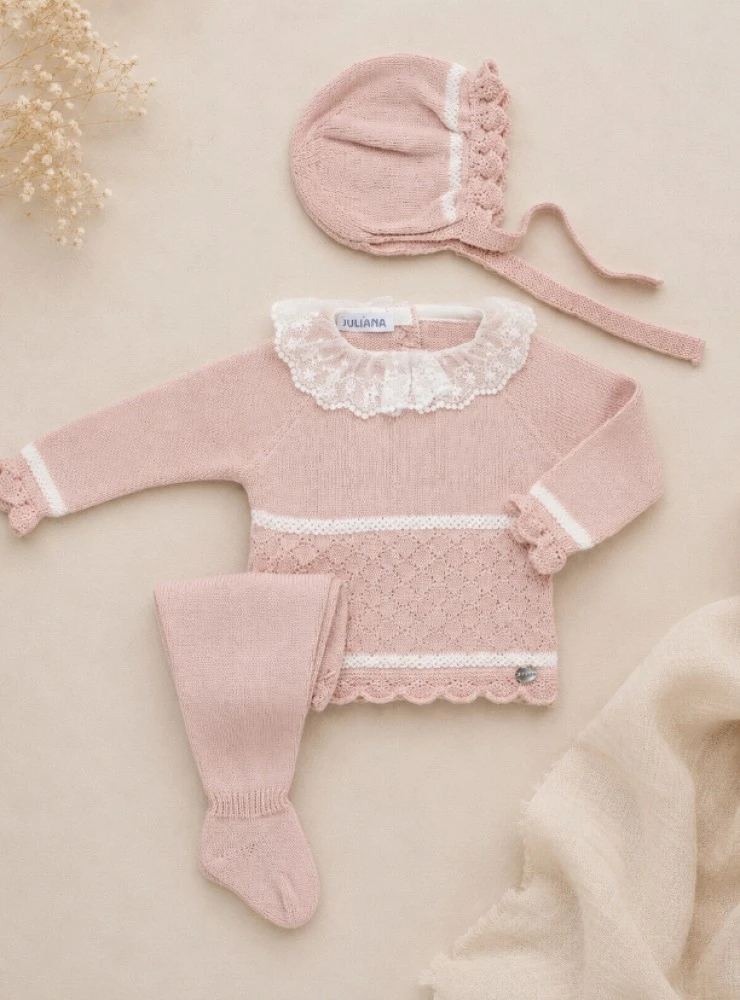 Conjunto para niña de punto con capota y polaina rosa palo para bebé