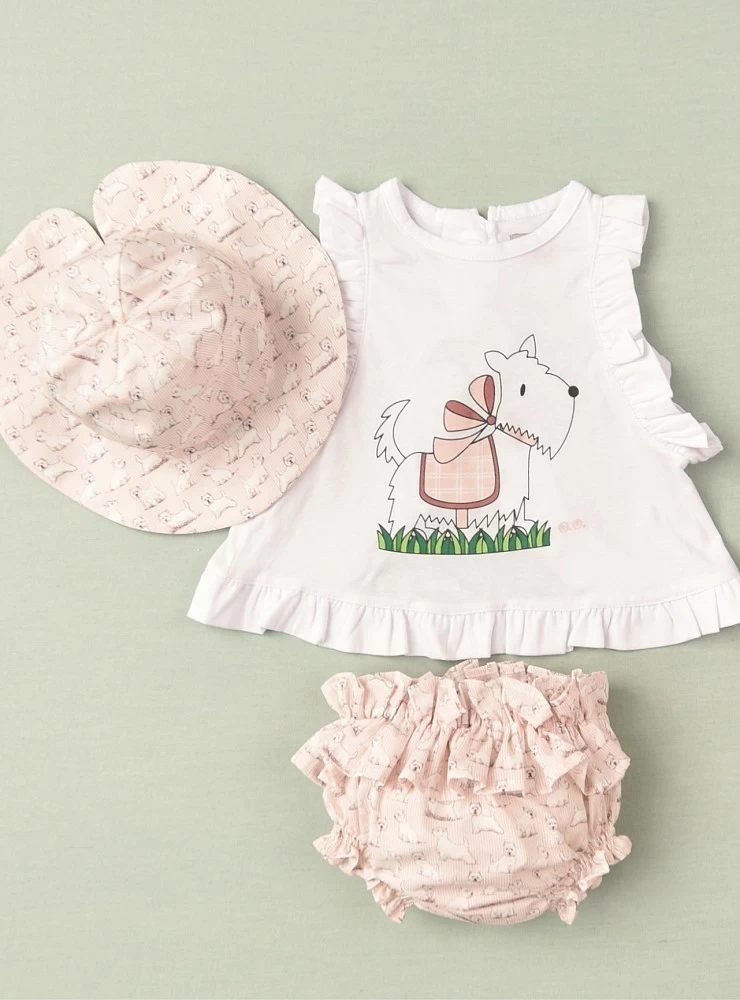 Conjunto para niña de tres piezas talla 6 meses.