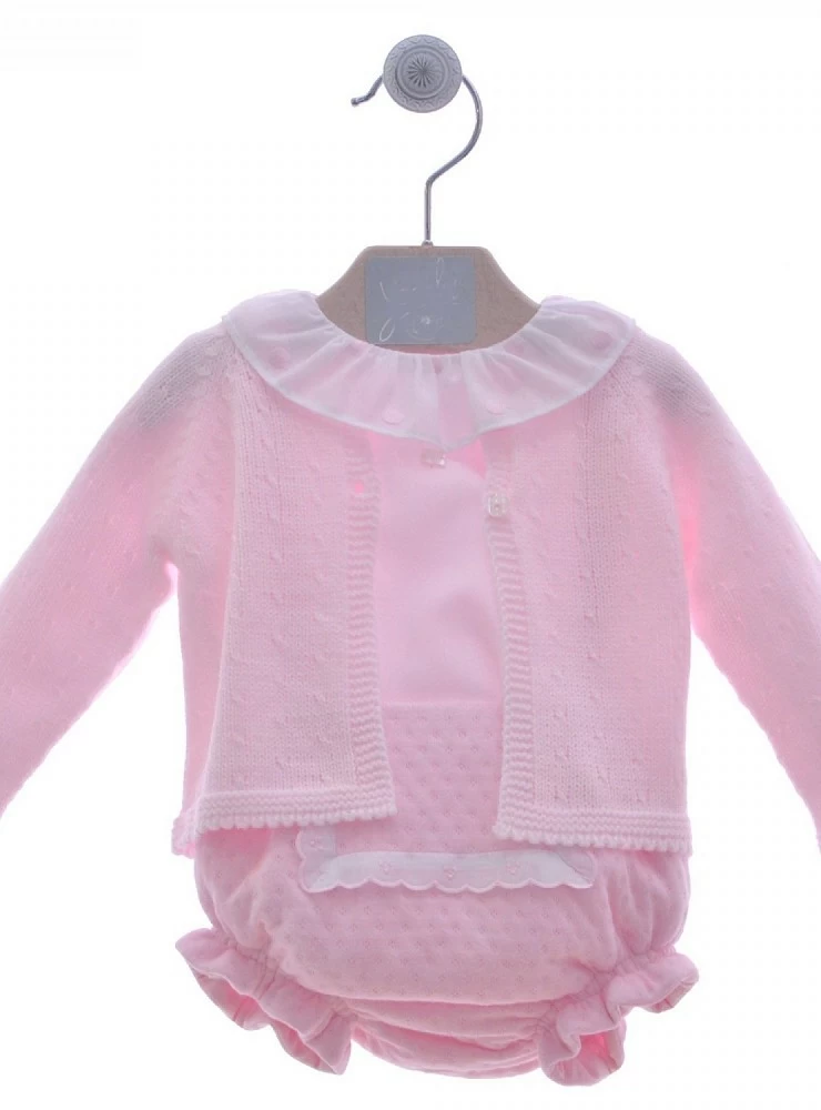 Conjunto para niña de tres piezas. Rosa y blanco