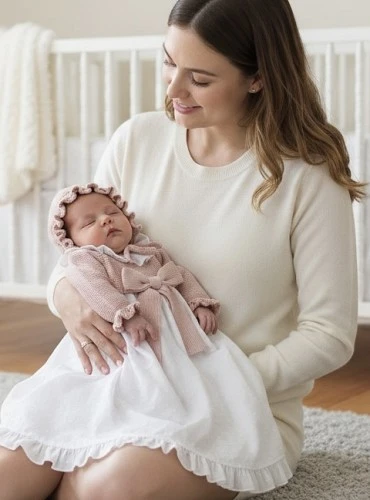 Conjunto para niña Faldón y capota en blanco y rosa palo