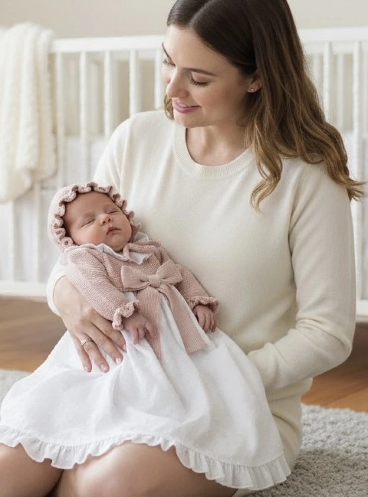 Conjunto para niña Faldón y capota en blanco y rosa palo