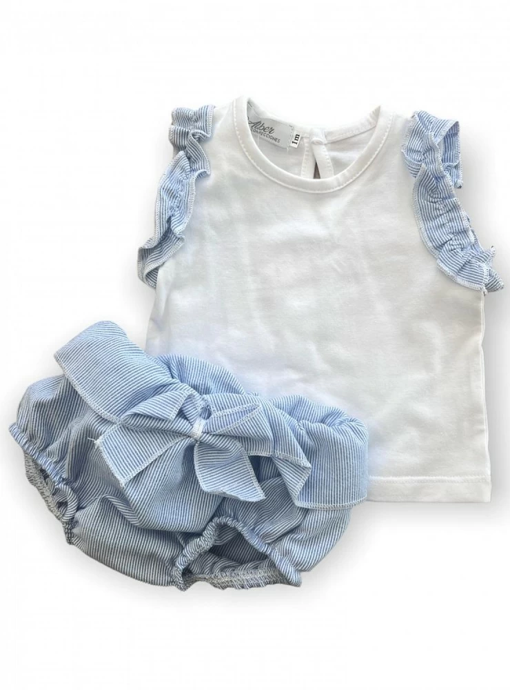 Conjunto para niña. Camiseta Blanca con detalles a rayas como la braguita