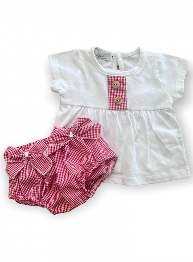 Conjunto para niña. Camiseta blanca y braga vichy rojo.