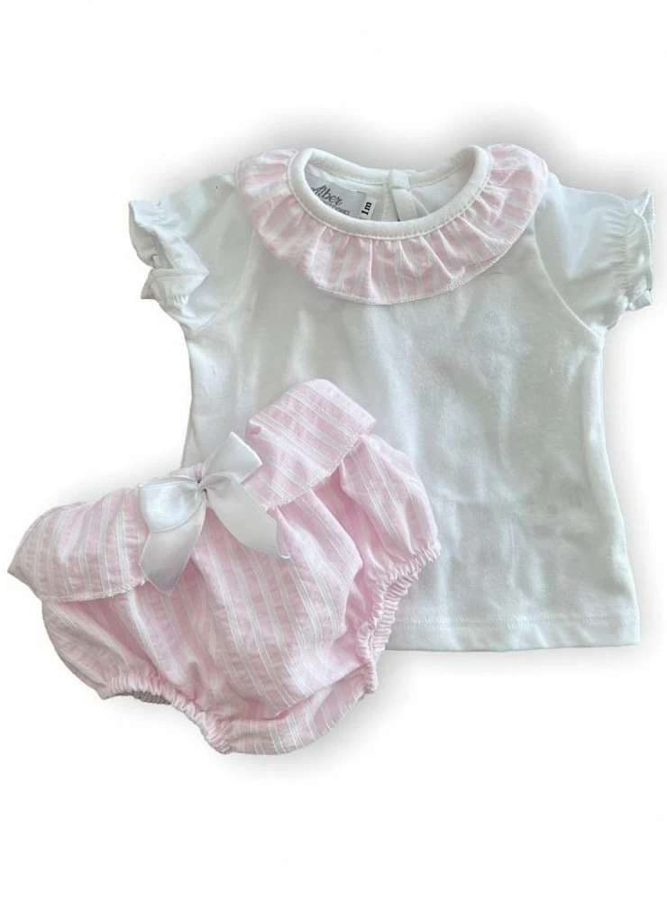 Conjunto para niña. Camiseta blanca y braguita de rayas rosa