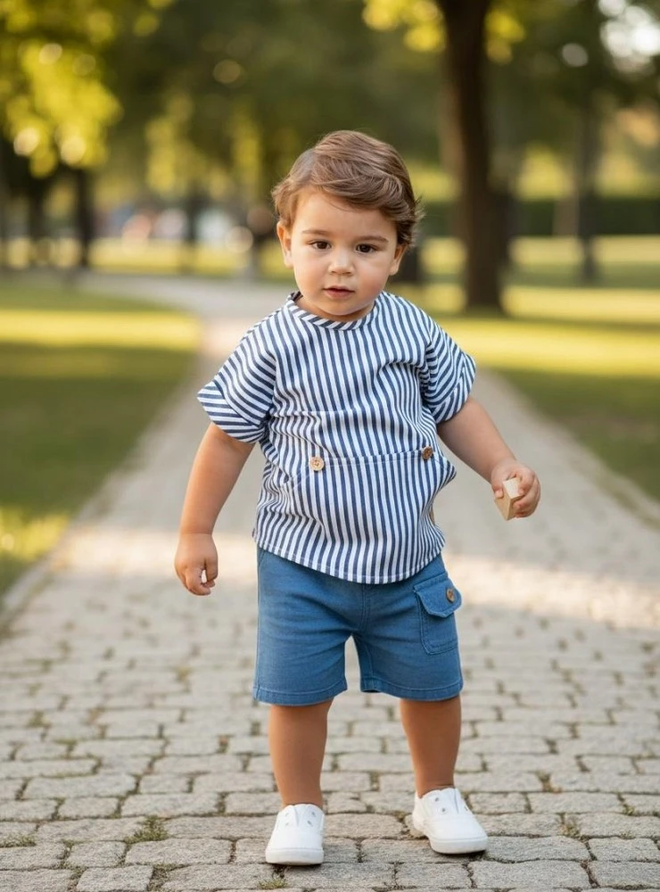 Conjunto para niño blusa y pantaloncito rayas marino