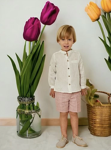 Conjunto para niño camisa y pantalón beige con Rosa empolvado