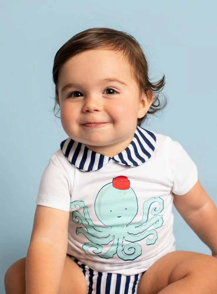 Conjunto para niño camiseta con pulpo y braga rayas marino