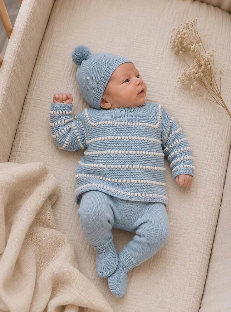 Conjunto para niño de punto con gorro azul para bebé