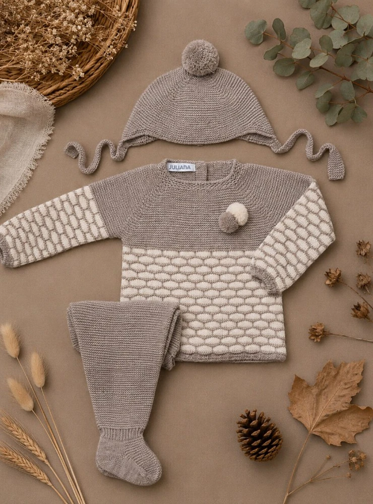 Conjunto para niño de punto con gorro y polaina color visón para bebé