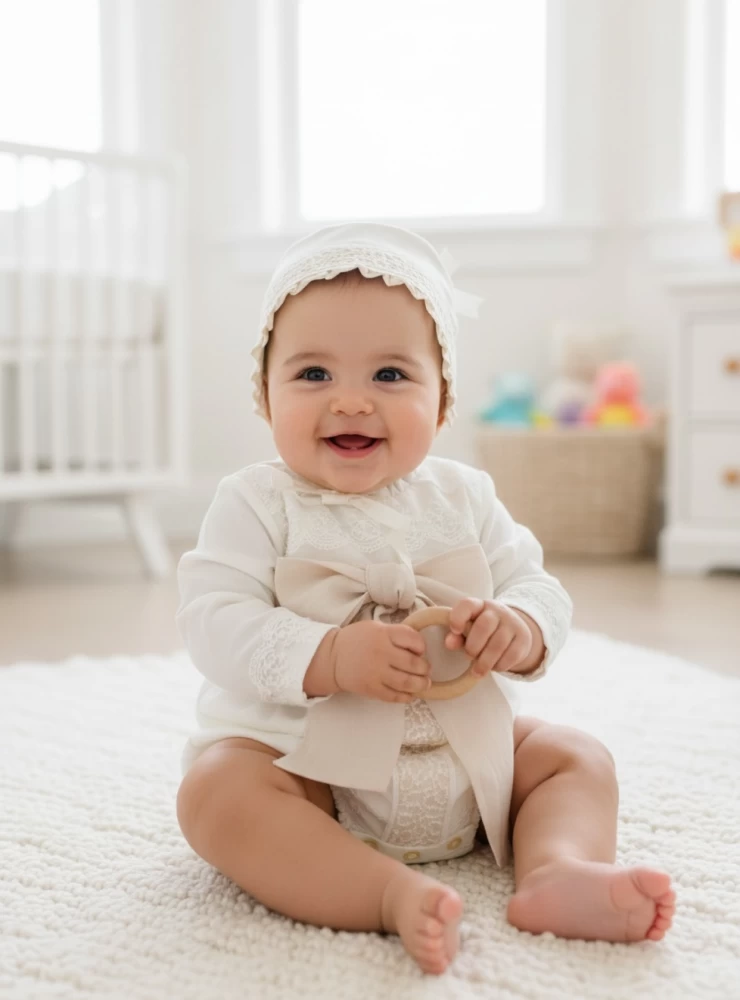 Conjunto para niño pelele y capota de lino beige. Manga Francesa