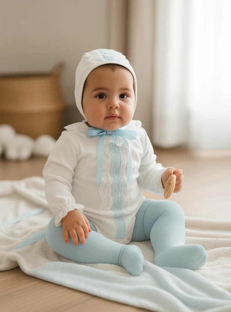 Conjunto para niño pelele y capota en organdí blanco y celeste