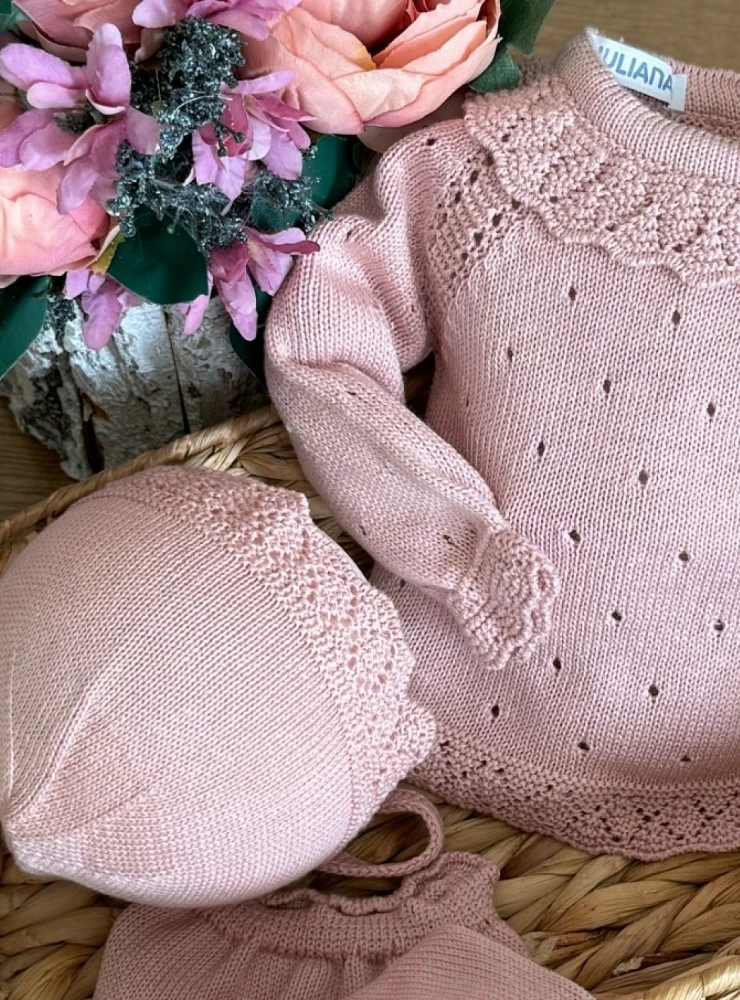 Conjunto tres piezas para niña en punto de verano. Rosa Maquillaje