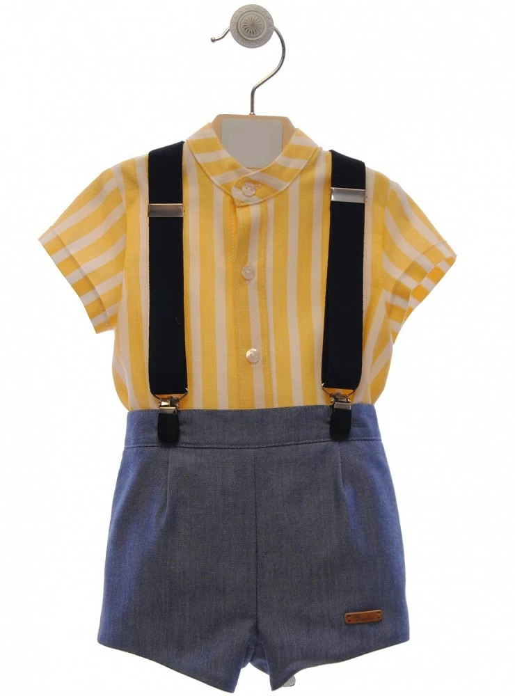 Conjunto tres piezas para niño. Rayas amarillo y Jeans. P-Verano