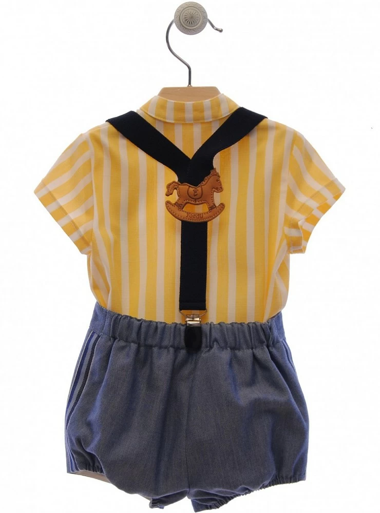 Conjunto tres piezas para niño. Rayas amarillo y Jeans. P-Verano