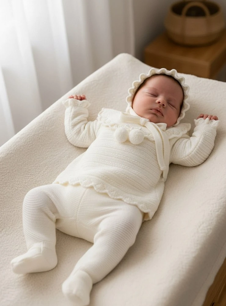 Conjunto unisex de punto con capota y polaina color beige para bebé