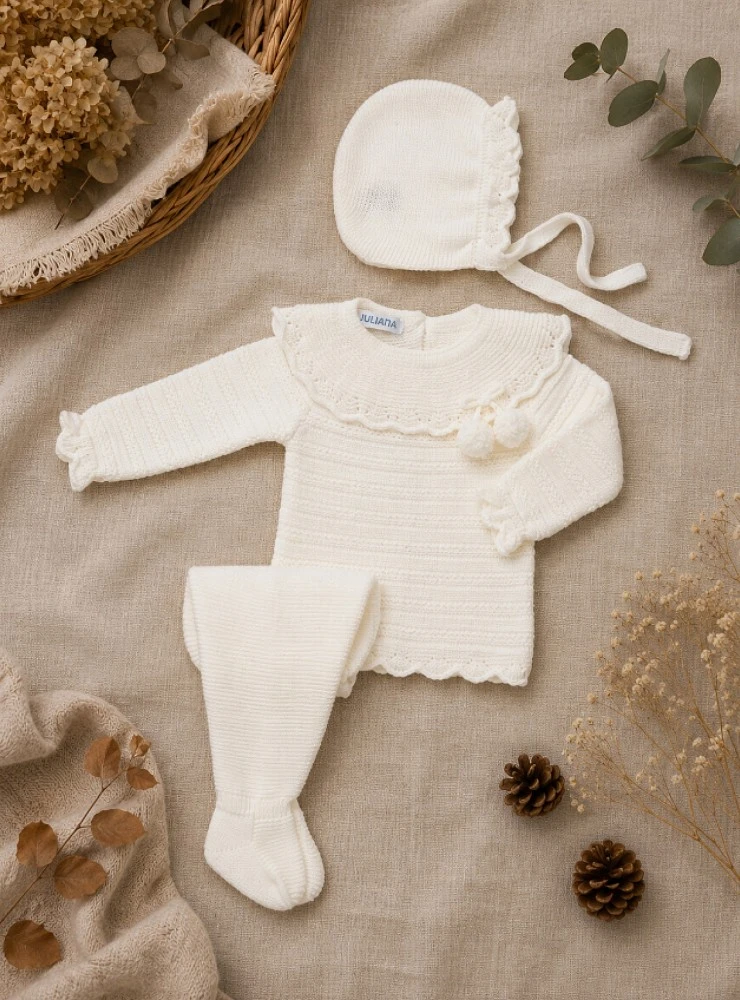 Conjunto unisex de punto con capota y polaina color beige para bebé