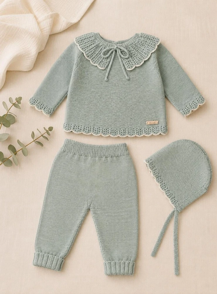 Conjunto unisex de punto de tres piezas verde empolvado | Colección Pravia