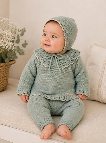 Conjunto unisex de punto de tres piezas verde empolvado | Colección Pravia