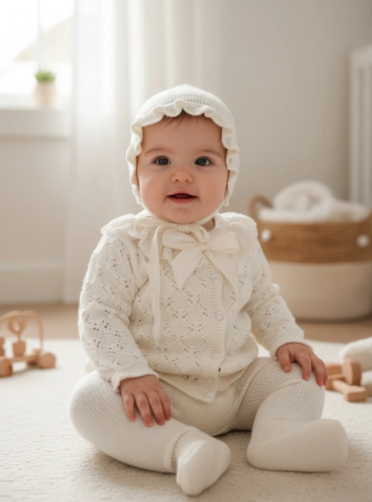 Conjunto unisex de punto para bebé con capota | Colección verano beige